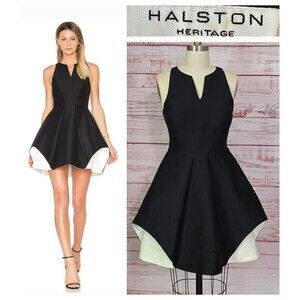 Halston Heritage Black White Mini Dress, Fit Flare, Origami Color Blocked Skirt
